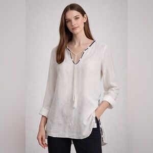 Pure DKNY White Linen Tunic Top M Black Trim Boho Resort Wear